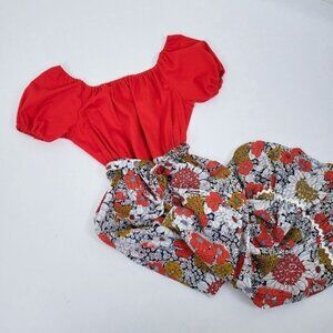 70s Puff sleeve maxi dress offthe shoulder cherry floral ruffles peasant